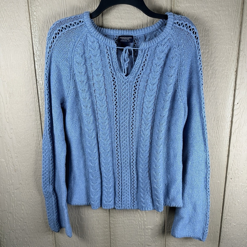 Vintage American Eagle Sweater Womens XL Blue Cable Knit Flare Sleeve Fisherman